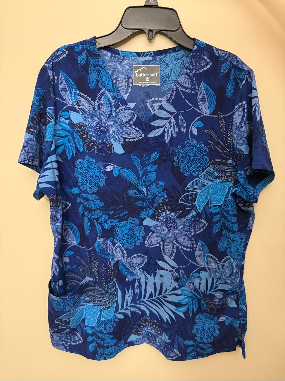 Butter-Soft Navy Blue Floral V-Neck Scrub Top